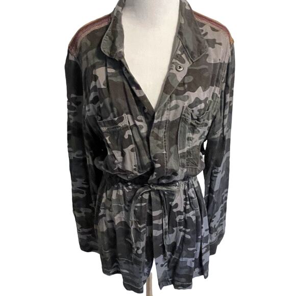 Knox Rose Drawstring Utility Jacket Womens Large Gray Camo Embroidered Shoulder - Picture 3 of 10